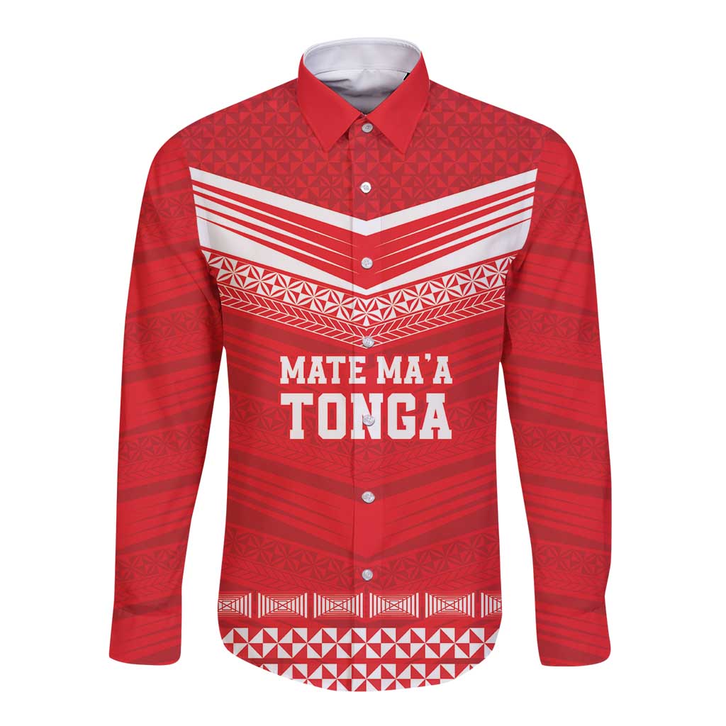 Custom Mate Ma'a Tonga Heritage Long Sleeve Button Shirt Pacific Tribal Rugby Red Edition - Polynesian Pride