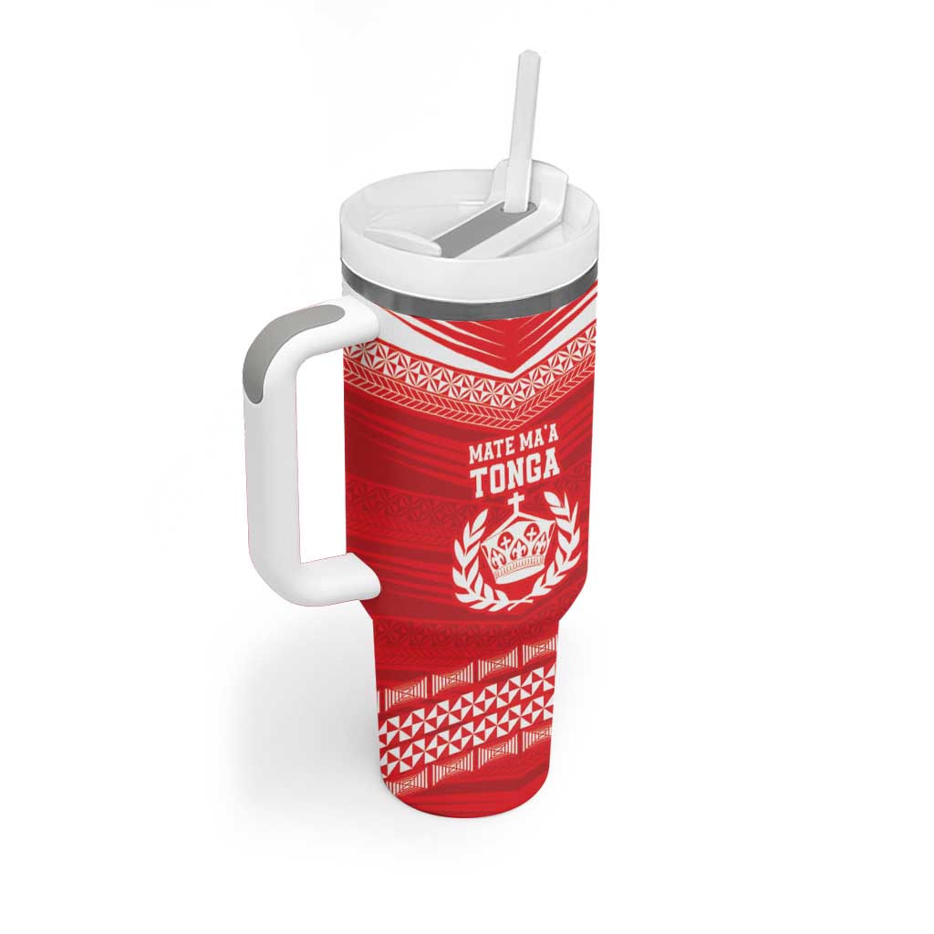 Custom Mate Ma'a Tonga Heritage Tumbler With Handle Pacific Tribal Rugby Red Edition - Polynesian Pride