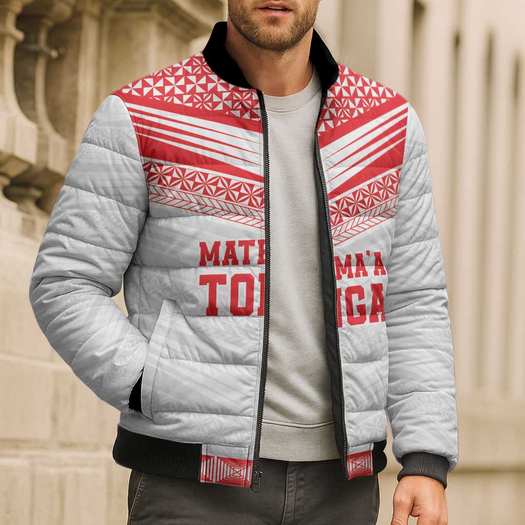 Custom Mate Ma'a Tonga Heritage Bomber Puffer Jacket Pacific Tribal Rugby White Edition - Polynesian Pride
