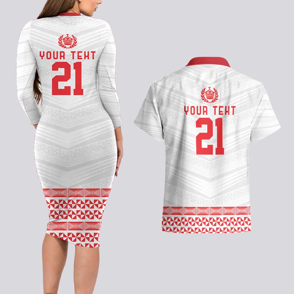 Custom Mate Ma'a Tonga Heritage Couples Matching Long Sleeve Bodycon Dress and Hawaiian Shirt Pacific Tribal Rugby White Edition - Polynesian Pride