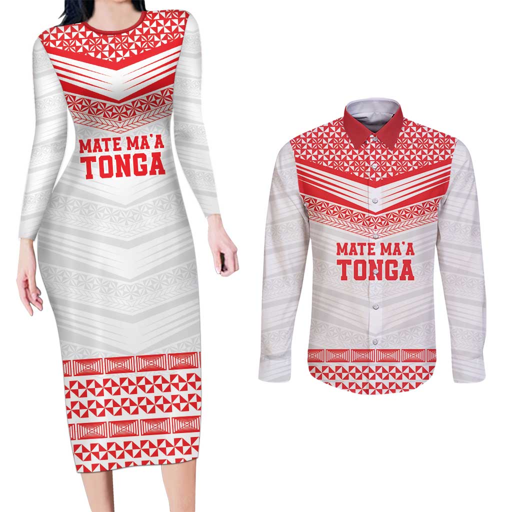 Custom Mate Ma'a Tonga Heritage Couples Matching Long Sleeve Bodycon Dress and Long Sleeve Button Shirt Pacific Tribal Rugby White Edition - Polynesian Pride