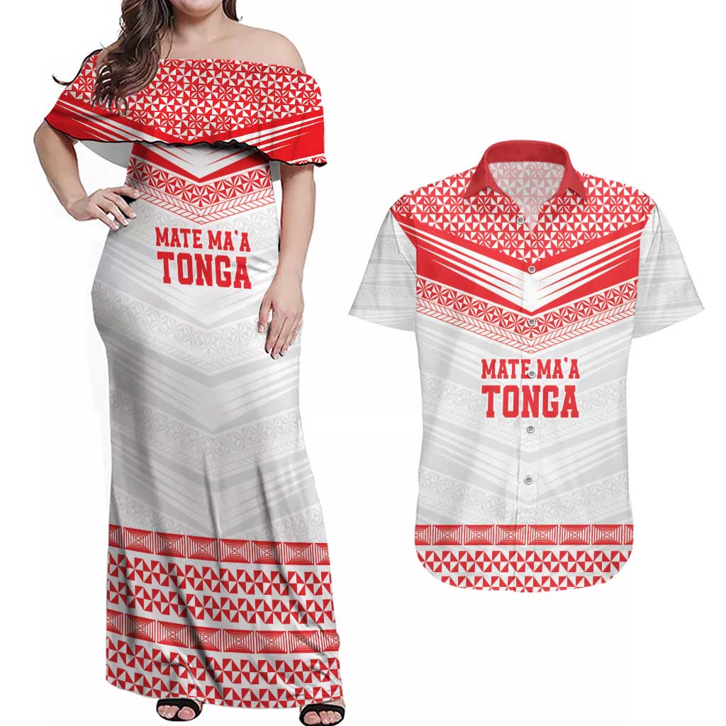Custom Mate Ma'a Tonga Heritage Couples Matching Off Shoulder Maxi Dress and Hawaiian Shirt Pacific Tribal Rugby White Edition LT9 White - Polynesian Pride