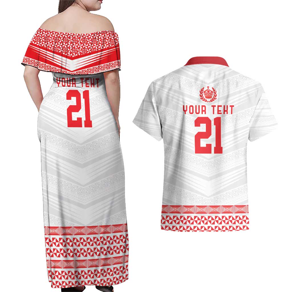 Custom Mate Ma'a Tonga Heritage Couples Matching Off Shoulder Maxi Dress and Hawaiian Shirt Pacific Tribal Rugby White Edition LT9 - Polynesian Pride