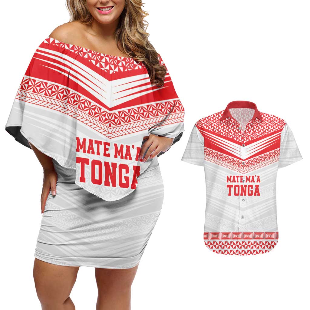Custom Mate Ma'a Tonga Heritage Couples Matching Off Shoulder Short Dress and Hawaiian Shirt Pacific Tribal Rugby White Edition - Polynesian Pride