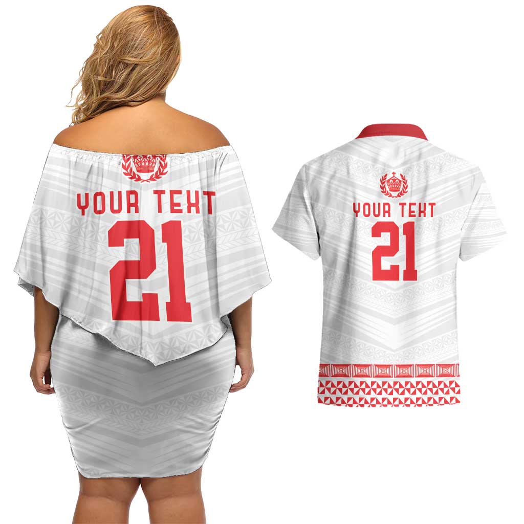 Custom Mate Ma'a Tonga Heritage Couples Matching Off Shoulder Short Dress and Hawaiian Shirt Pacific Tribal Rugby White Edition LT9 - Polynesian Pride