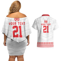 Custom Mate Ma'a Tonga Heritage Couples Matching Off Shoulder Short Dress and Hawaiian Shirt Pacific Tribal Rugby White Edition LT9 - Polynesian Pride