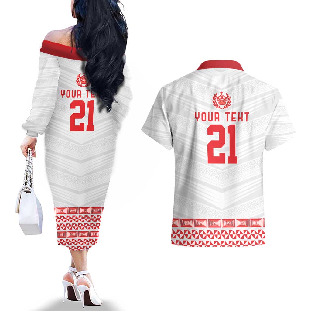 Custom Mate Ma'a Tonga Heritage Couples Matching Off The Shoulder Long Sleeve Dress and Hawaiian Shirt Pacific Tribal Rugby White Edition LT9 - Polynesian Pride