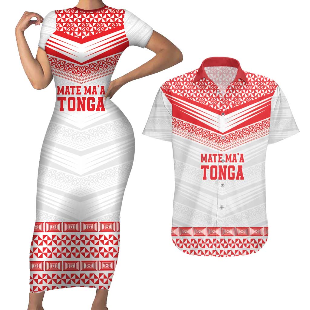 Custom Mate Ma'a Tonga Heritage Couples Matching Short Sleeve Bodycon Dress and Hawaiian Shirt Pacific Tribal Rugby White Edition - Polynesian Pride