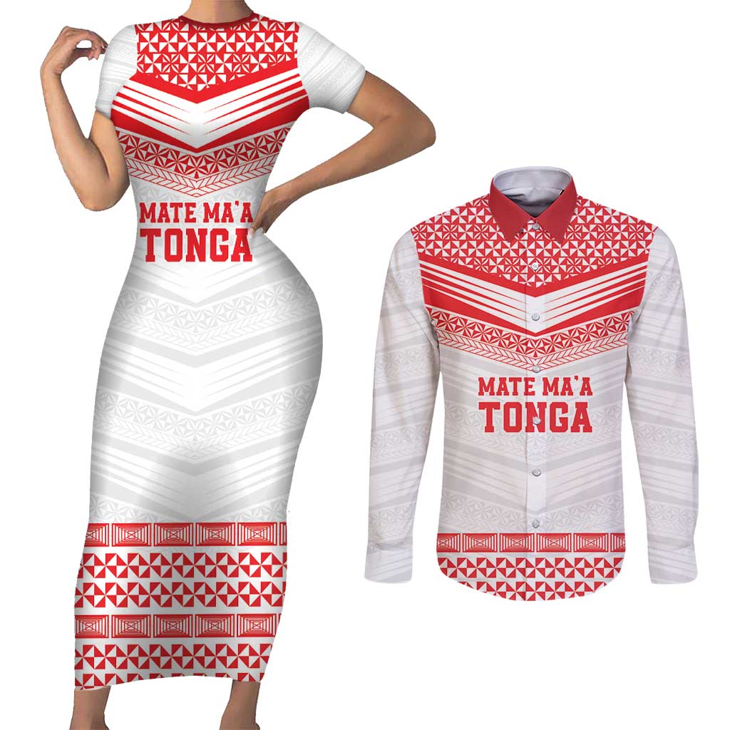 Custom Mate Ma'a Tonga Heritage Couples Matching Short Sleeve Bodycon Dress and Long Sleeve Button Shirt Pacific Tribal Rugby White Edition - Polynesian Pride