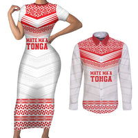 Custom Mate Ma'a Tonga Heritage Couples Matching Short Sleeve Bodycon Dress and Long Sleeve Button Shirt Pacific Tribal Rugby White Edition - Polynesian Pride