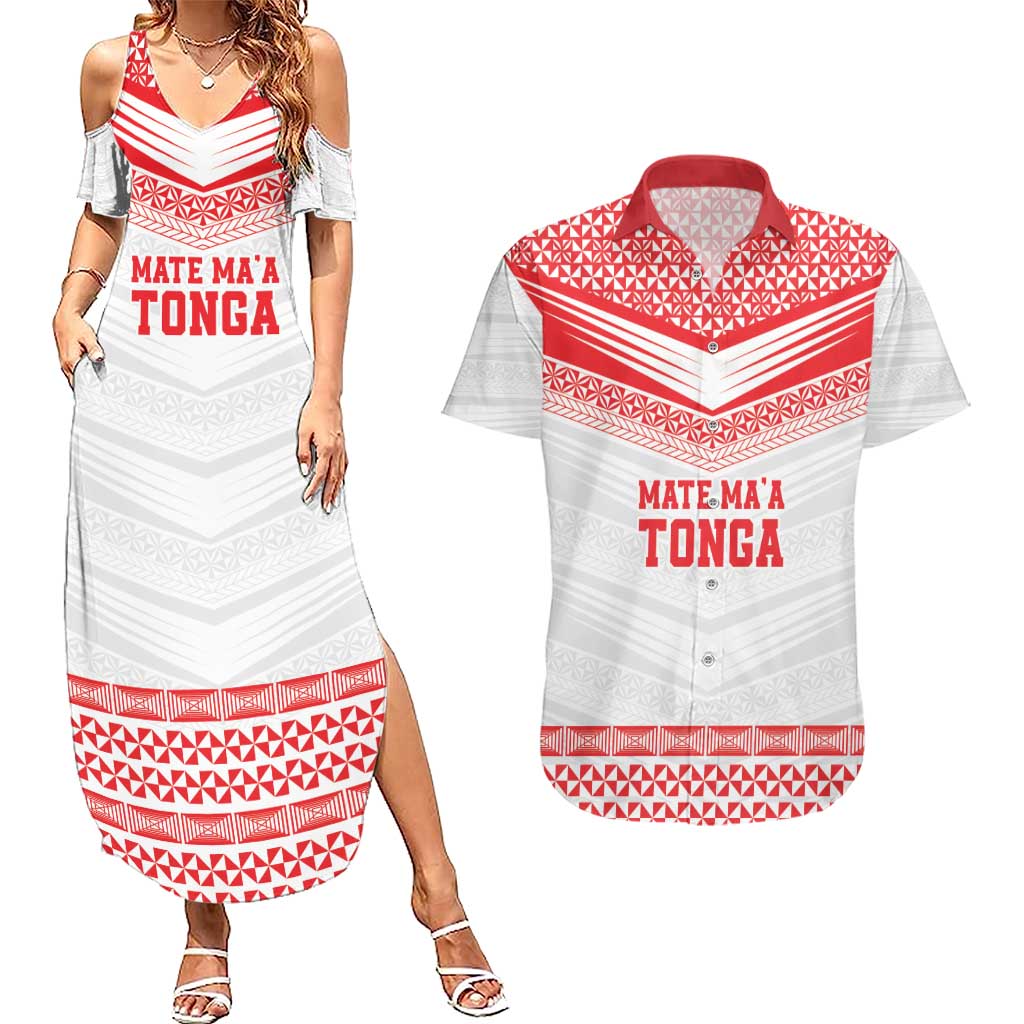 Custom Mate Ma'a Tonga Heritage Couples Matching Summer Maxi Dress and Hawaiian Shirt Pacific Tribal Rugby White Edition - Polynesian Pride