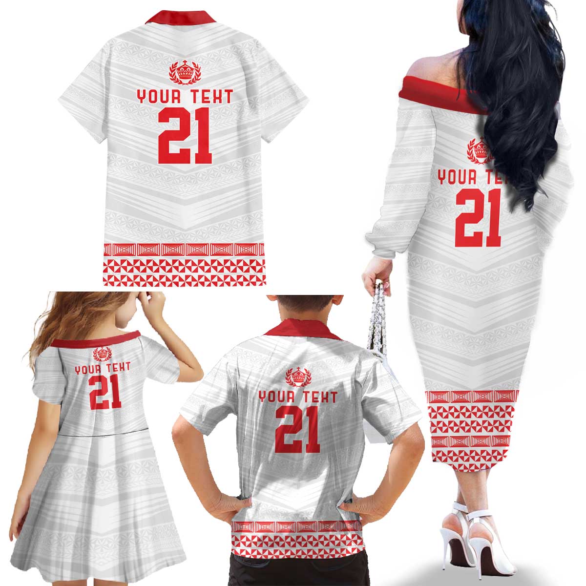 Custom Mate Ma'a Tonga Heritage Family Matching Off The Shoulder Long Sleeve Dress and Hawaiian Shirt Pacific Tribal Rugby White Edition LT9 - Polynesian Pride