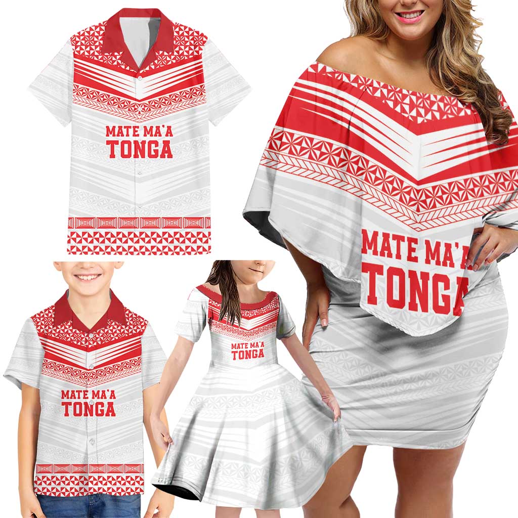 Custom Mate Ma'a Tonga Heritage Family Matching Off Shoulder Short Dress and Hawaiian Shirt Pacific Tribal Rugby White Edition LT9 - Polynesian Pride