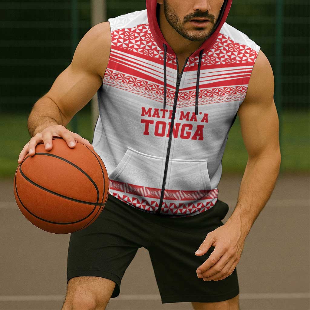 Custom Mate Ma'a Tonga Heritage Sleeveless Zip Hoodie Pacific Tribal Rugby White Edition - Polynesian Pride