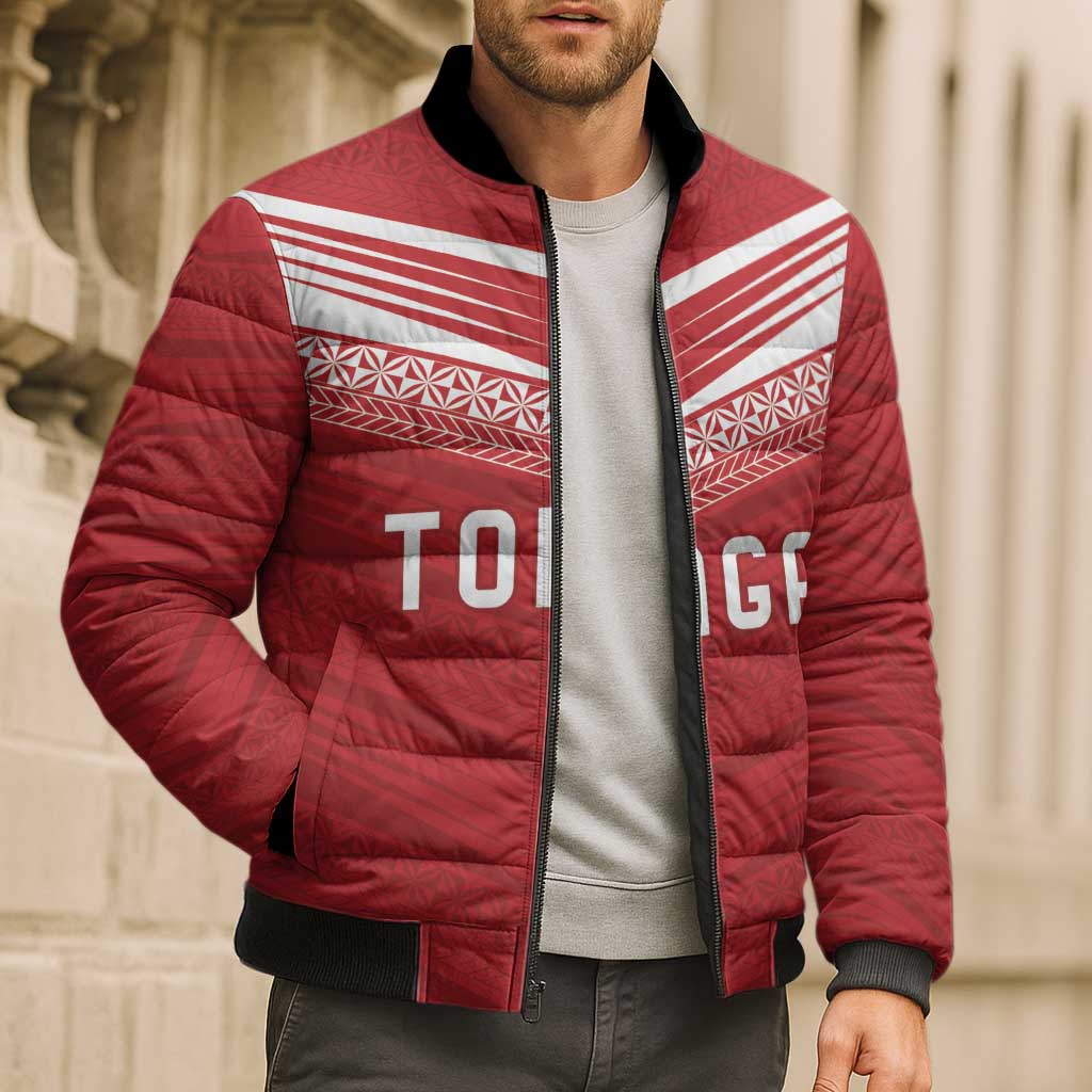 Custom Pacific Rugby Spirit Bomber Puffer Jacket Tonga Ngatu Pride Red Edition - Polynesian Pride