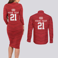 Custom Pacific Rugby Spirit Couples Matching Long Sleeve Bodycon Dress and Long Sleeve Button Shirt Tonga Ngatu Pride Red Edition - Polynesian Pride