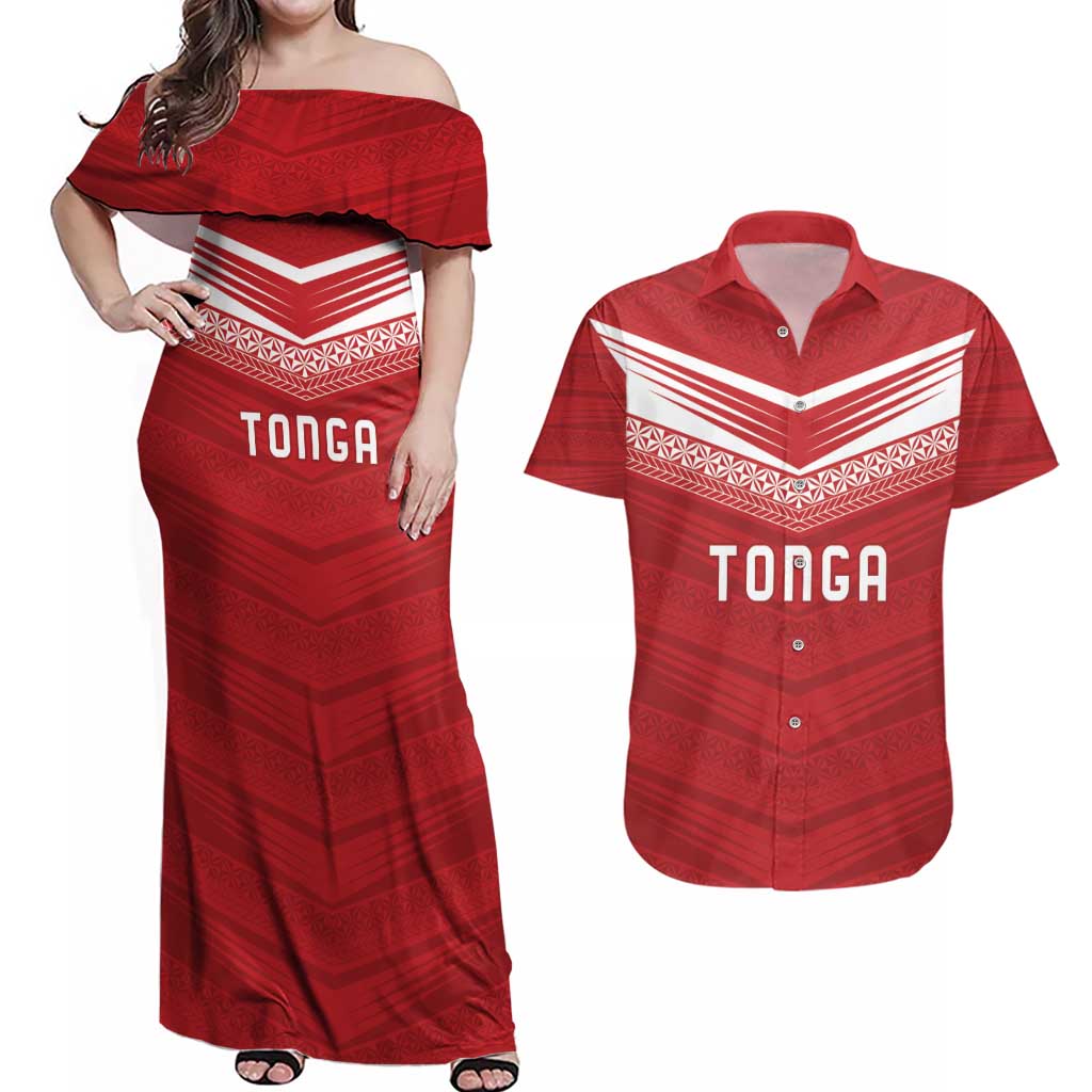 Custom Pacific Rugby Spirit Couples Matching Off Shoulder Maxi Dress and Hawaiian Shirt Tonga Ngatu Pride Red Edition LT9 Red - Polynesian Pride
