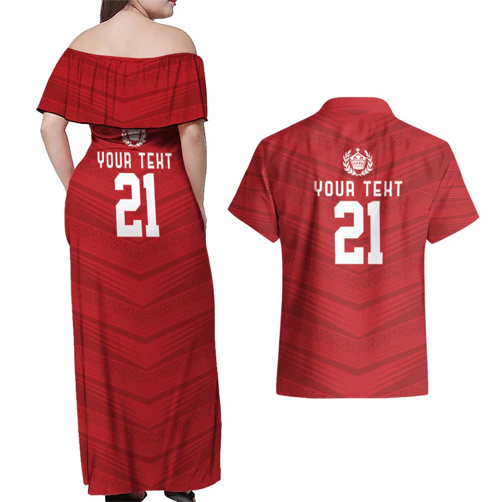 Custom Pacific Rugby Spirit Couples Matching Off Shoulder Maxi Dress and Hawaiian Shirt Tonga Ngatu Pride Red Edition LT9 - Polynesian Pride