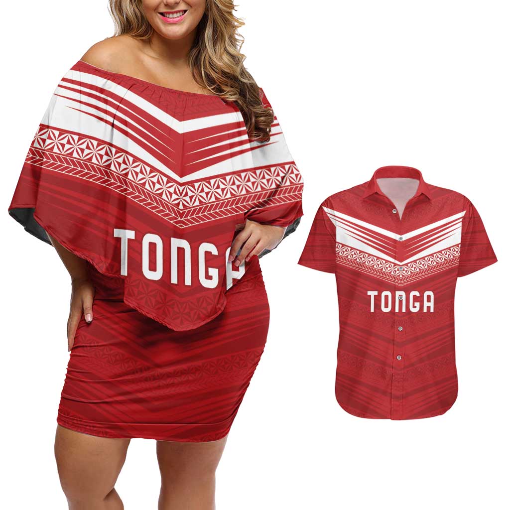 Custom Pacific Rugby Spirit Couples Matching Off Shoulder Short Dress and Hawaiian Shirt Tonga Ngatu Pride Red Edition LT9 Red - Polynesian Pride