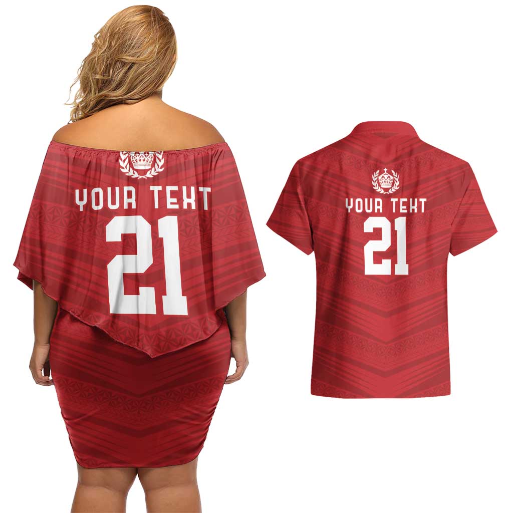 Custom Pacific Rugby Spirit Couples Matching Off Shoulder Short Dress and Hawaiian Shirt Tonga Ngatu Pride Red Edition LT9 - Polynesian Pride