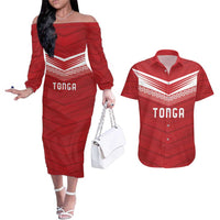 Custom Pacific Rugby Spirit Couples Matching Off The Shoulder Long Sleeve Dress and Hawaiian Shirt Tonga Ngatu Pride Red Edition LT9 Red - Polynesian Pride