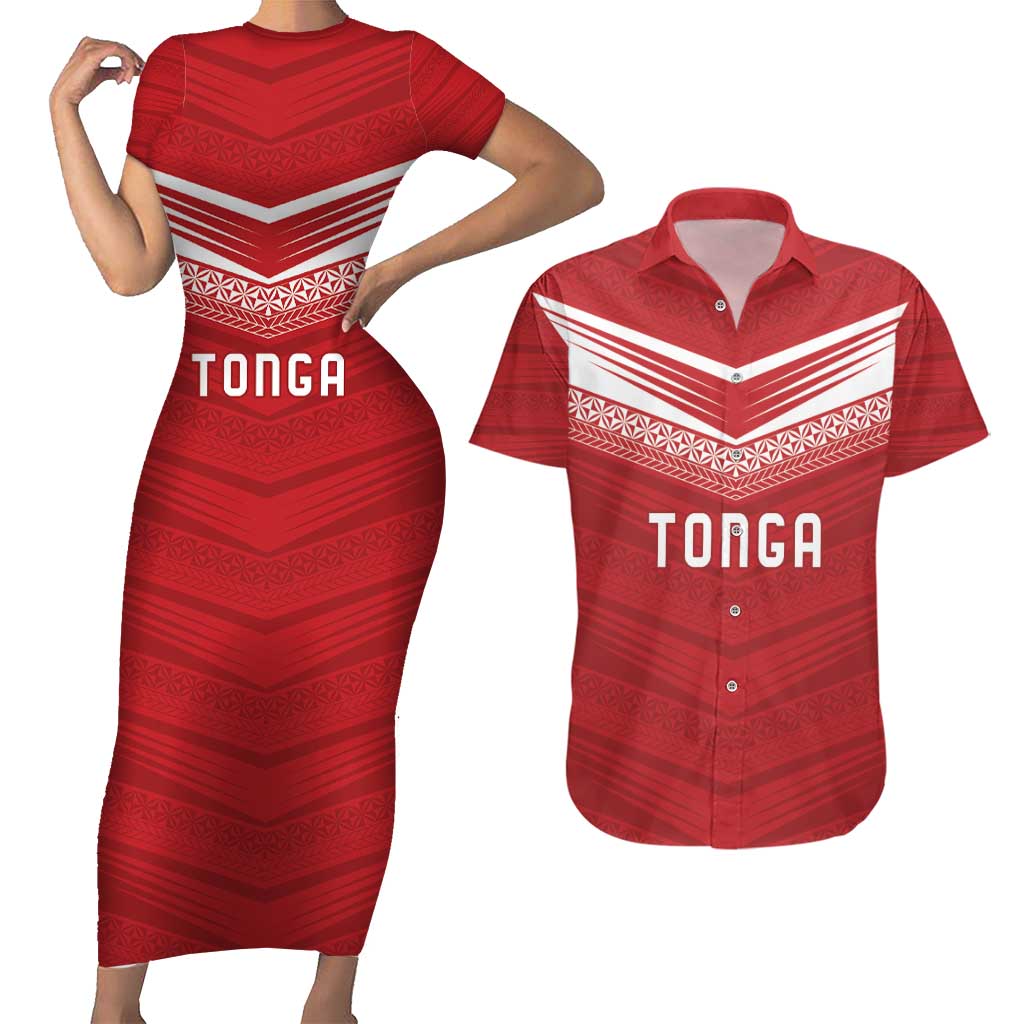 Custom Pacific Rugby Spirit Couples Matching Short Sleeve Bodycon Dress and Hawaiian Shirt Tonga Ngatu Pride Red Edition - Polynesian Pride