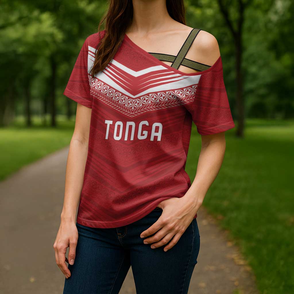 Custom Pacific Rugby Spirit Cross Shoulder Shirt Tonga Ngatu Pride Red Edition - Polynesian Pride