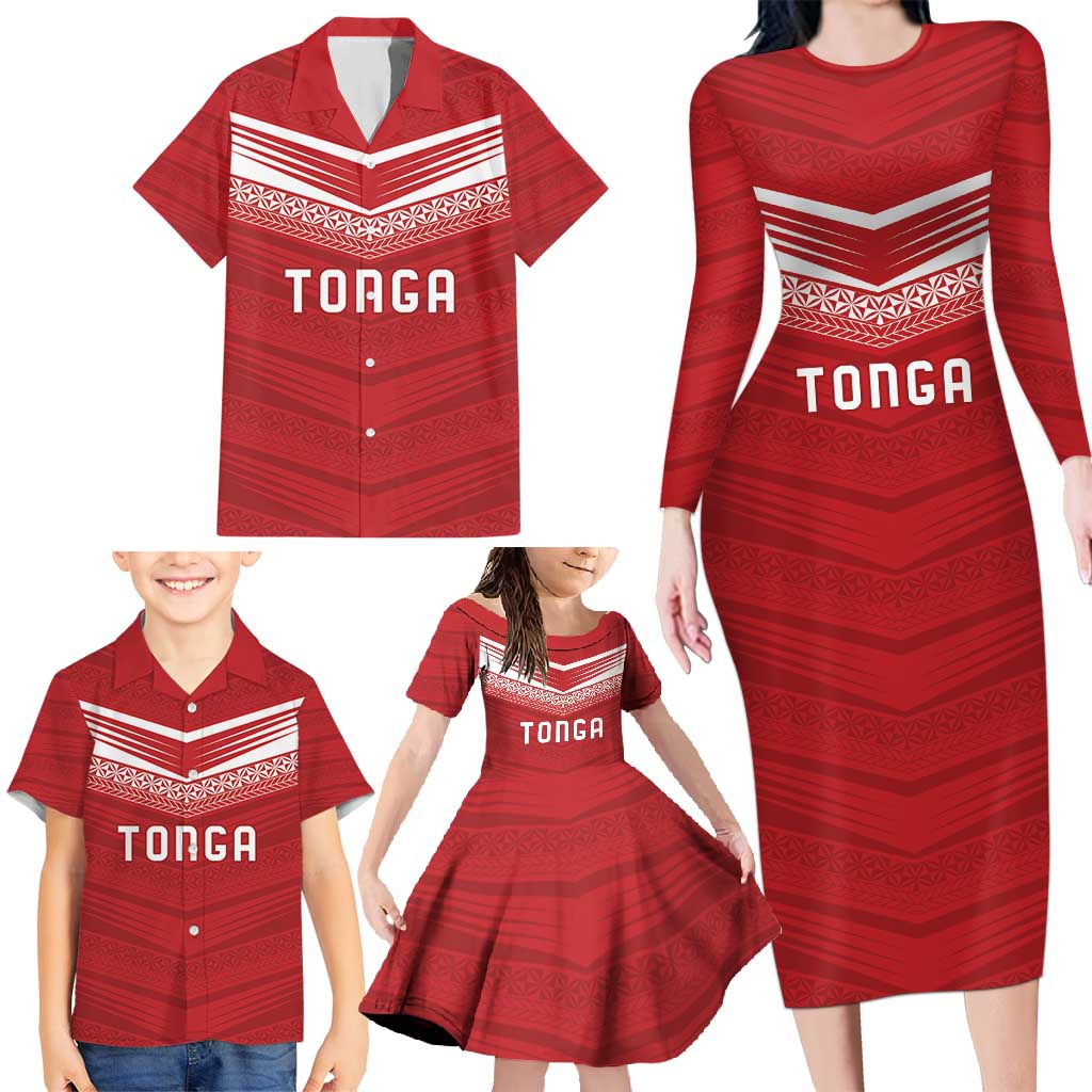 Custom Pacific Rugby Spirit Family Matching Long Sleeve Bodycon Dress and Hawaiian Shirt Tonga Ngatu Pride Red Edition LT9 - Polynesian Pride