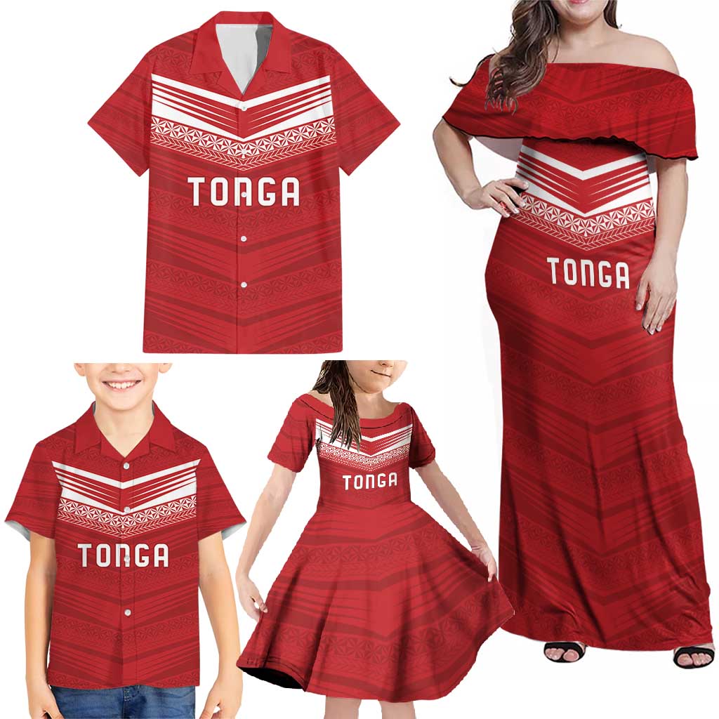 Custom Pacific Rugby Spirit Family Matching Off Shoulder Maxi Dress and Hawaiian Shirt Tonga Ngatu Pride Red Edition LT9 - Polynesian Pride
