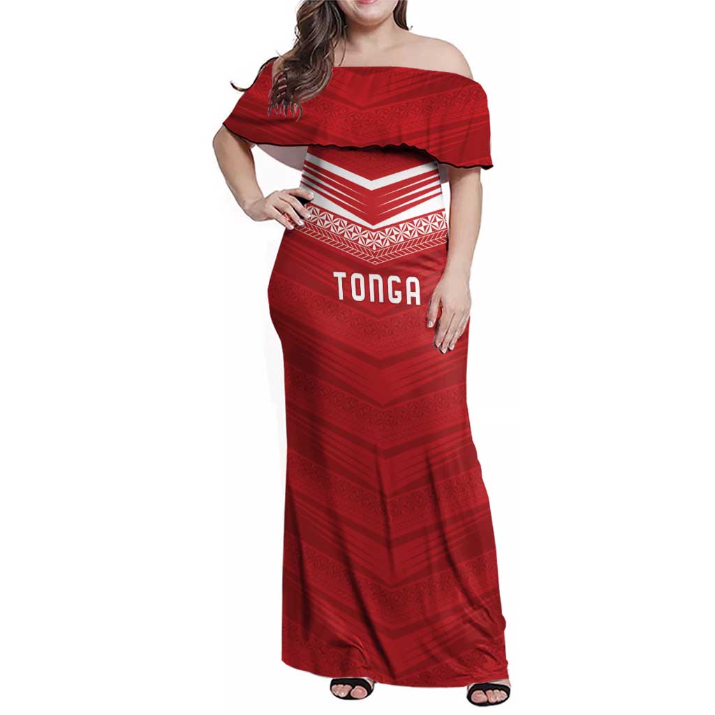 Custom Pacific Rugby Spirit Family Matching Off Shoulder Maxi Dress and Hawaiian Shirt Tonga Ngatu Pride Red Edition LT9 Mom's Dress Red - Polynesian Pride