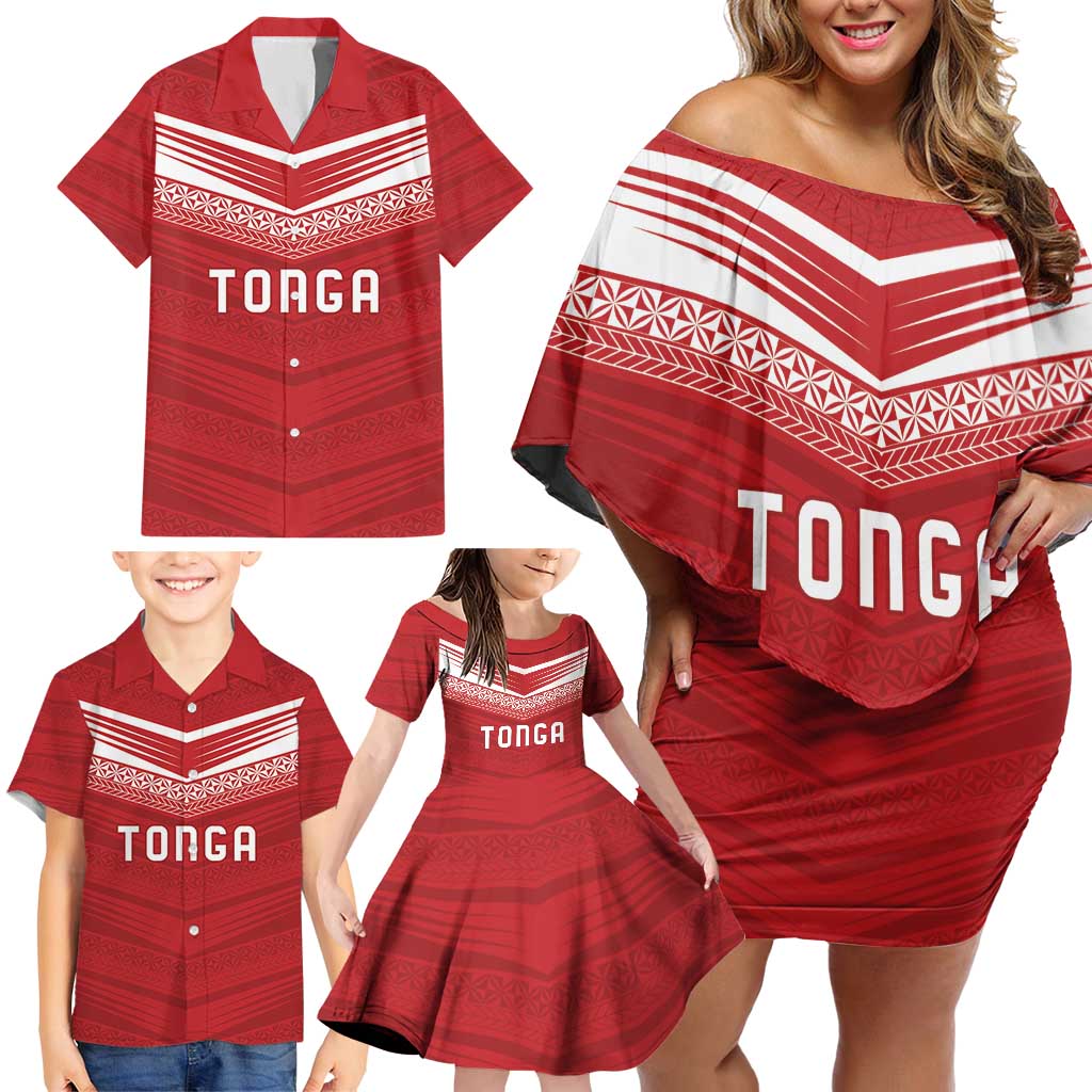 Custom Pacific Rugby Spirit Family Matching Off Shoulder Short Dress and Hawaiian Shirt Tonga Ngatu Pride Red Edition LT9 - Polynesian Pride