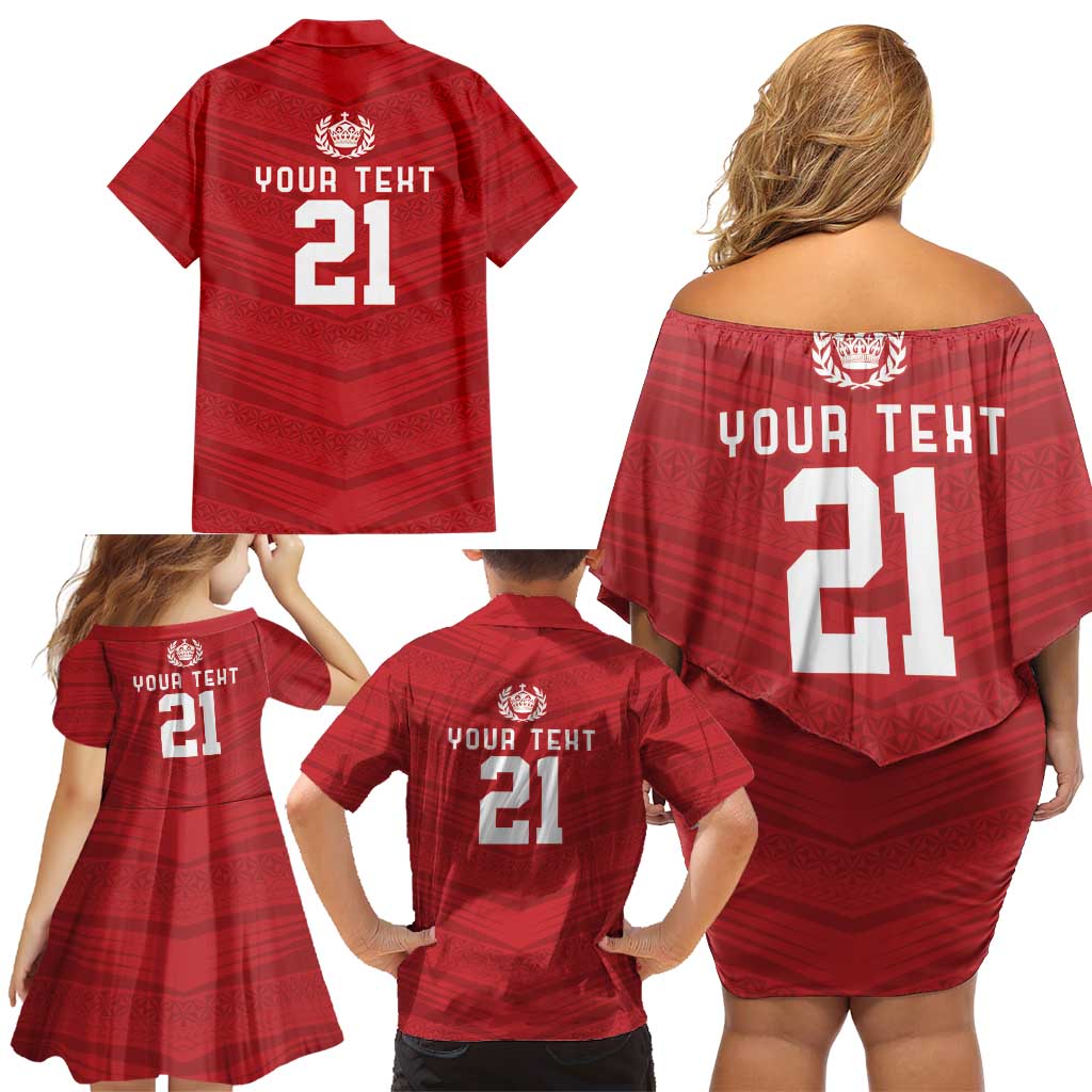 Custom Pacific Rugby Spirit Family Matching Off Shoulder Short Dress and Hawaiian Shirt Tonga Ngatu Pride Red Edition LT9 - Polynesian Pride