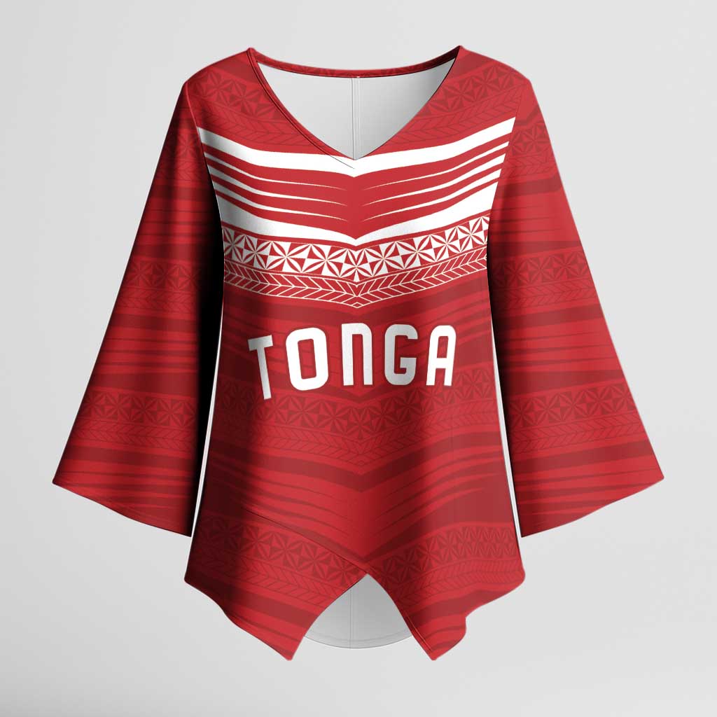 Custom Pacific Rugby Spirit Kimono Sleeve Blouse Tonga Ngatu Pride Red Edition - Polynesian Pride