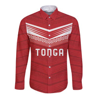 Custom Pacific Rugby Spirit Long Sleeve Button Shirt Tonga Ngatu Pride Red Edition - Polynesian Pride