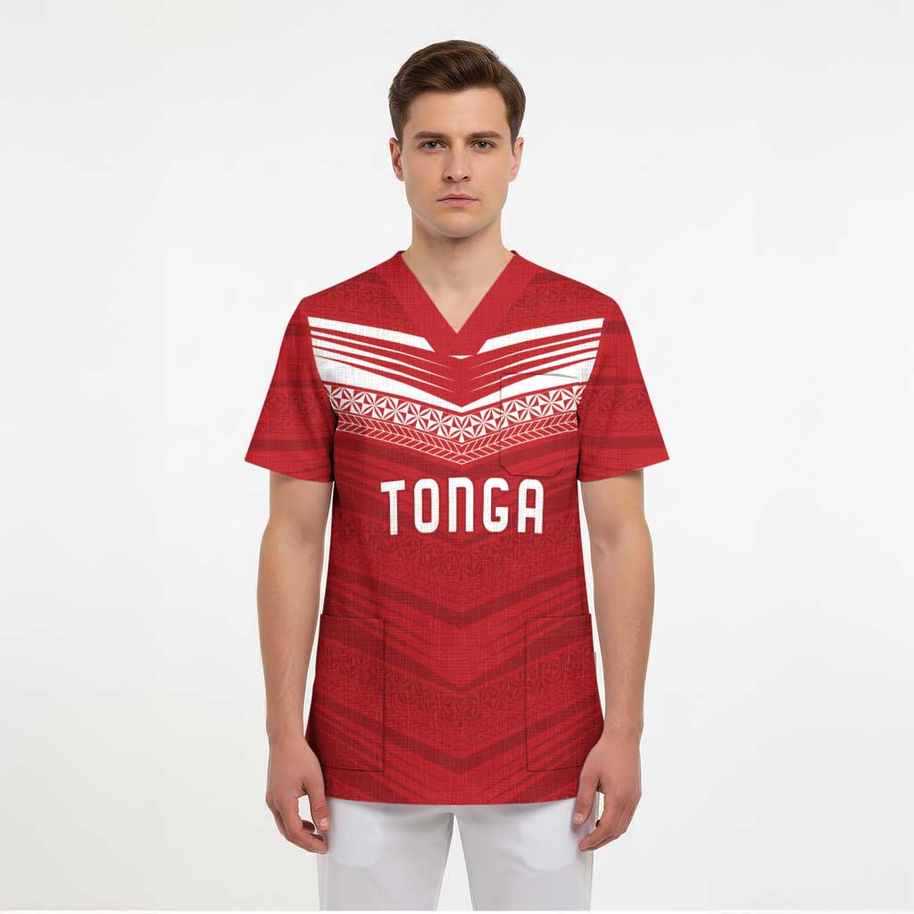 Custom Pacific Rugby Spirit Scrub Top Tonga Ngatu Pride Red Edition - Polynesian Pride