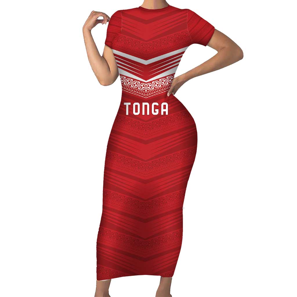 Custom Pacific Rugby Spirit Short Sleeve Bodycon Dress Tonga Ngatu Pride Red Edition - Polynesian Pride