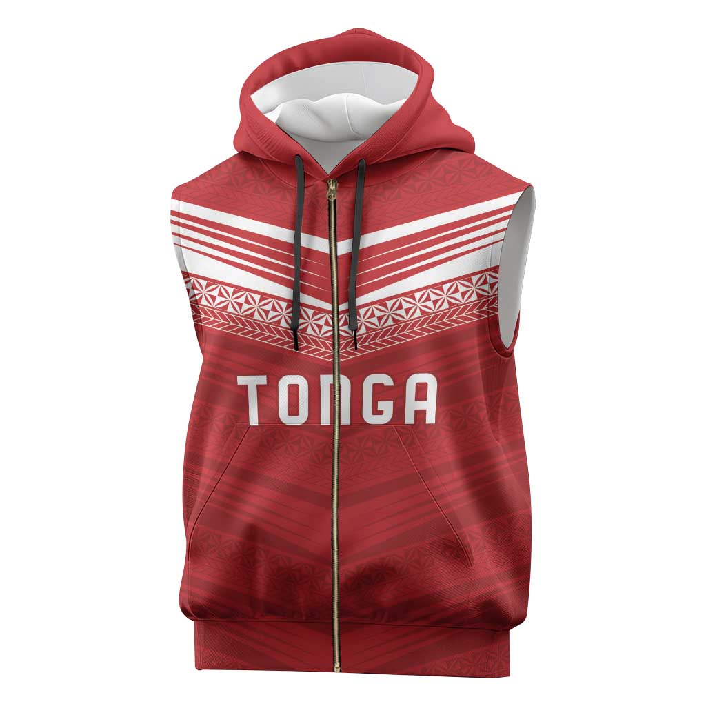 Custom Pacific Rugby Spirit Sleeveless Zip Hoodie Tonga Ngatu Pride Red Edition - Polynesian Pride