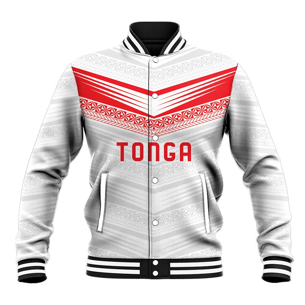Custom Pacific Rugby Spirit Baseball Jacket Tonga Ngatu Pride White Edition - Polynesian Pride