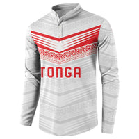 Custom Pacific Rugby Spirit Button Sweatshirt Tonga Ngatu Pride White Edition - Polynesian Pride