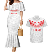 Custom Pacific Rugby Spirit Couples Matching Mermaid Dress and Hawaiian Shirt Tonga Ngatu Pride White Edition - Polynesian Pride