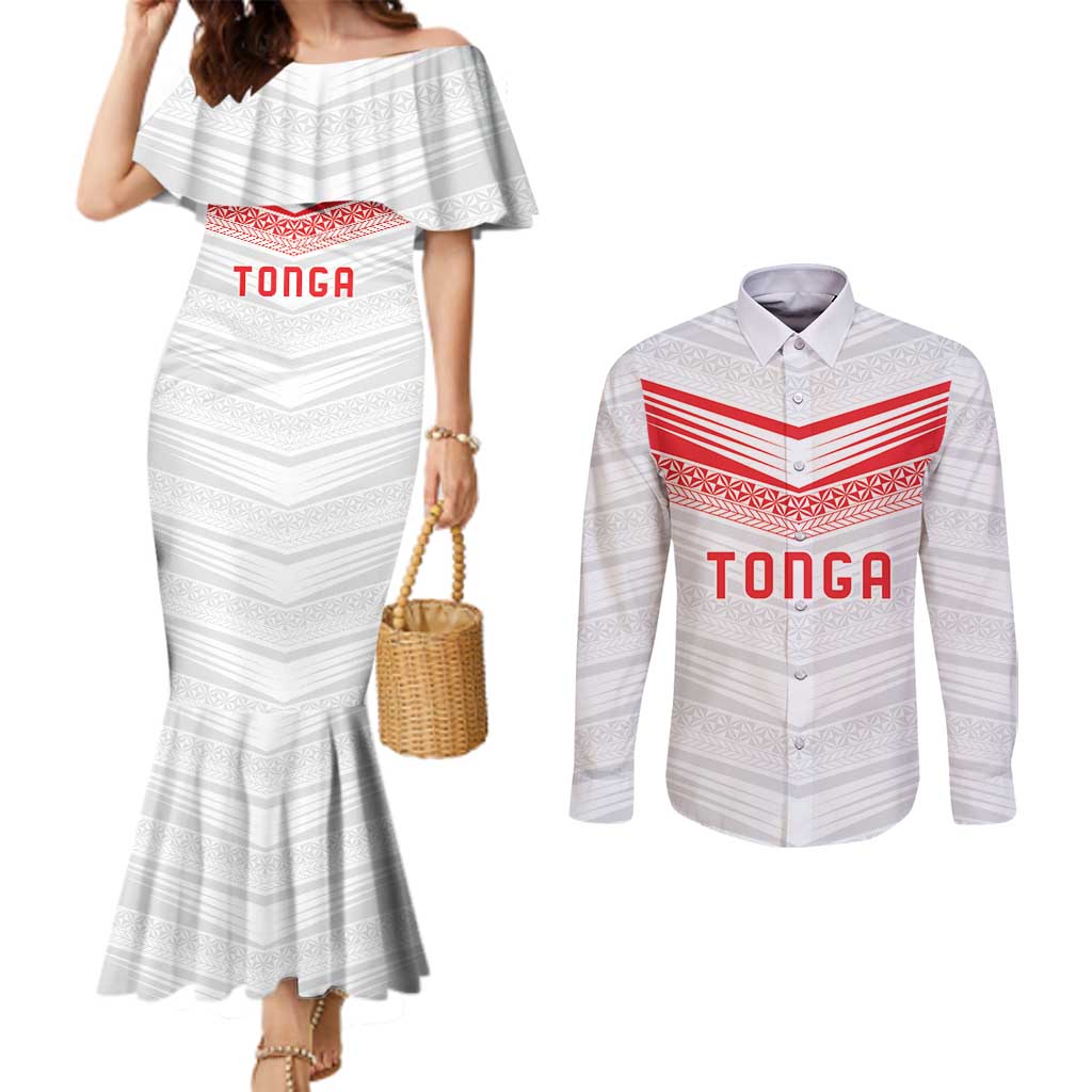 Custom Pacific Rugby Spirit Couples Matching Mermaid Dress and Long Sleeve Button Shirt Tonga Ngatu Pride White Edition - Polynesian Pride