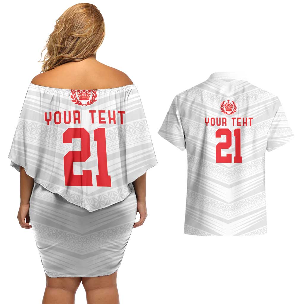 Custom Pacific Rugby Spirit Couples Matching Off Shoulder Short Dress and Hawaiian Shirt Tonga Ngatu Pride White Edition - Polynesian Pride