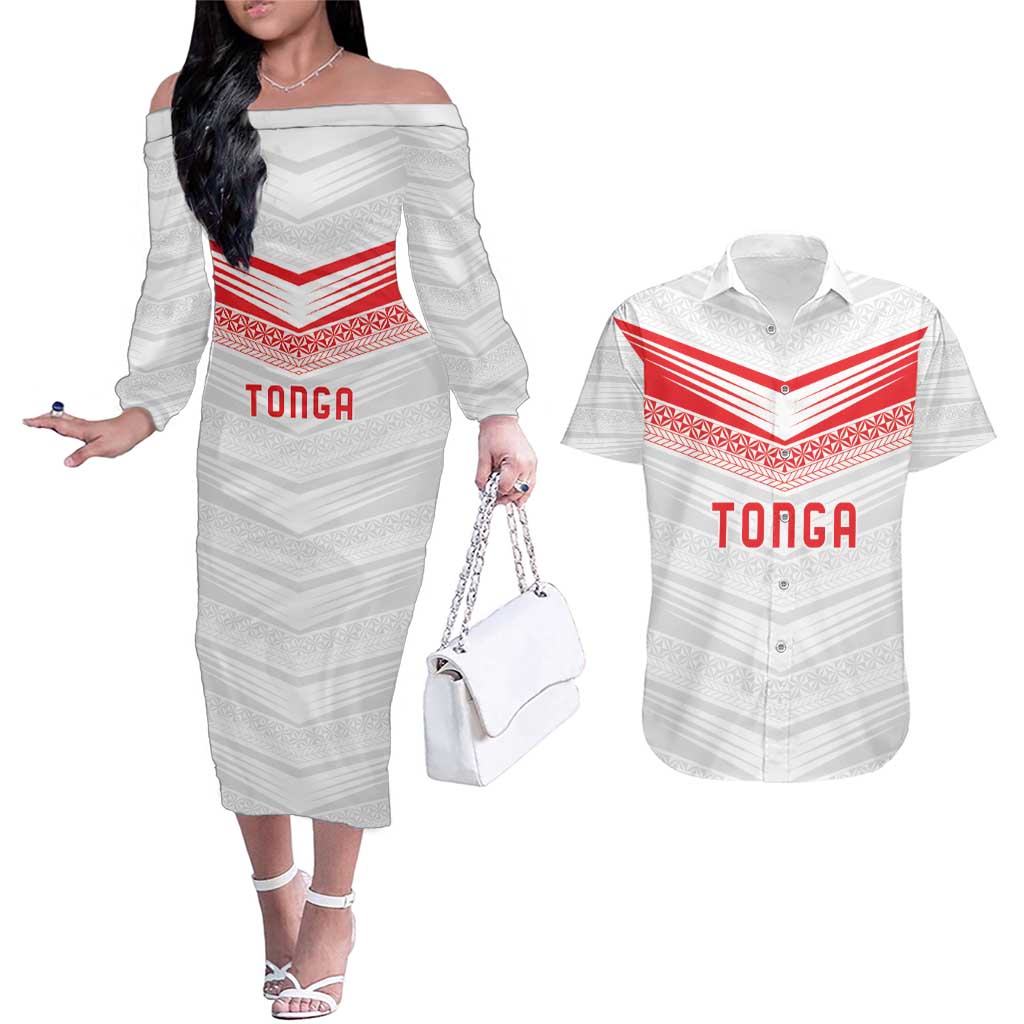 Custom Pacific Rugby Spirit Couples Matching Off The Shoulder Long Sleeve Dress and Hawaiian Shirt Tonga Ngatu Pride White Edition LT9 White - Polynesian Pride