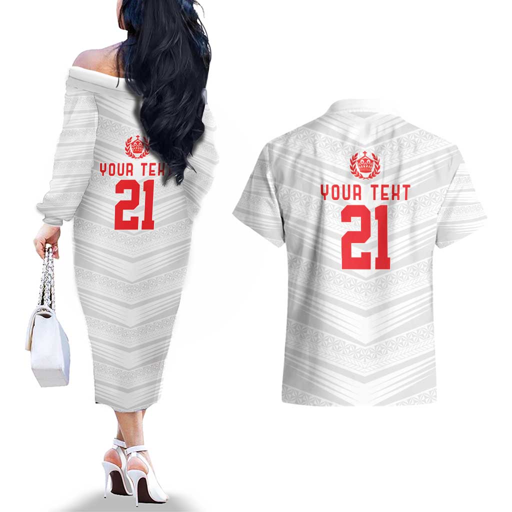 Custom Pacific Rugby Spirit Couples Matching Off The Shoulder Long Sleeve Dress and Hawaiian Shirt Tonga Ngatu Pride White Edition LT9 - Polynesian Pride