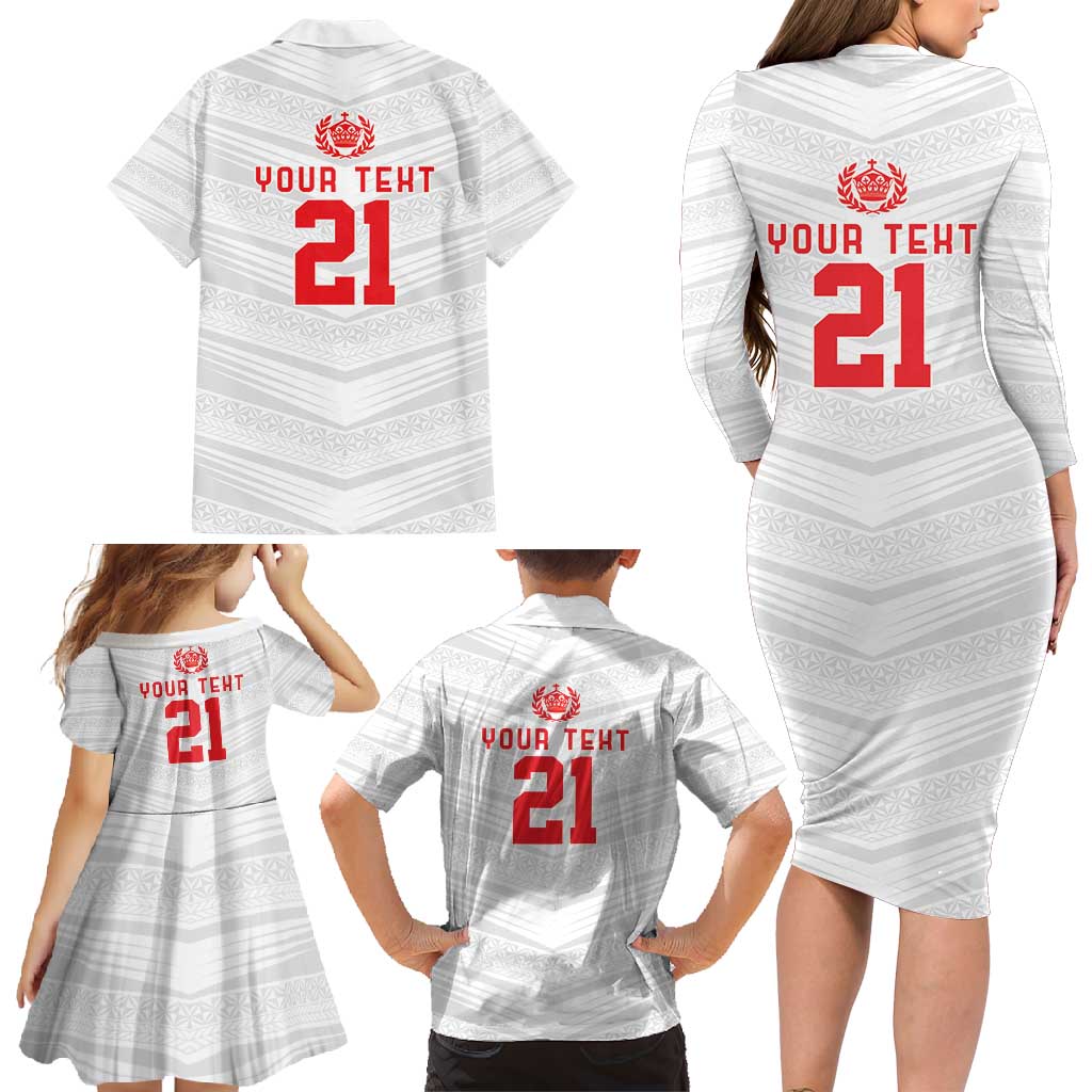 Custom Pacific Rugby Spirit Family Matching Long Sleeve Bodycon Dress and Hawaiian Shirt Tonga Ngatu Pride White Edition LT9 - Polynesian Pride