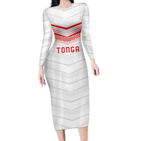 Custom Pacific Rugby Spirit Family Matching Long Sleeve Bodycon Dress and Hawaiian Shirt Tonga Ngatu Pride White Edition LT9 Mom's Dress White - Polynesian Pride