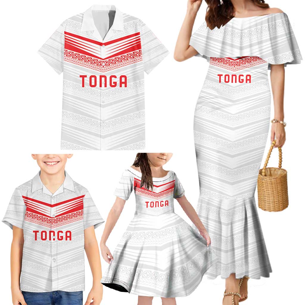 Custom Pacific Rugby Spirit Family Matching Mermaid Dress and Hawaiian Shirt Tonga Ngatu Pride White Edition LT9 - Polynesian Pride