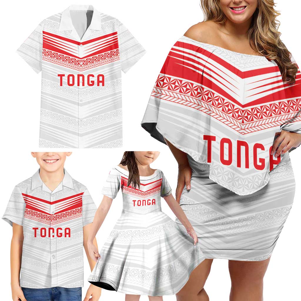 Custom Pacific Rugby Spirit Family Matching Off Shoulder Short Dress and Hawaiian Shirt Tonga Ngatu Pride White Edition LT9 - Polynesian Pride