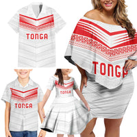 Custom Pacific Rugby Spirit Family Matching Off Shoulder Short Dress and Hawaiian Shirt Tonga Ngatu Pride White Edition LT9 - Polynesian Pride