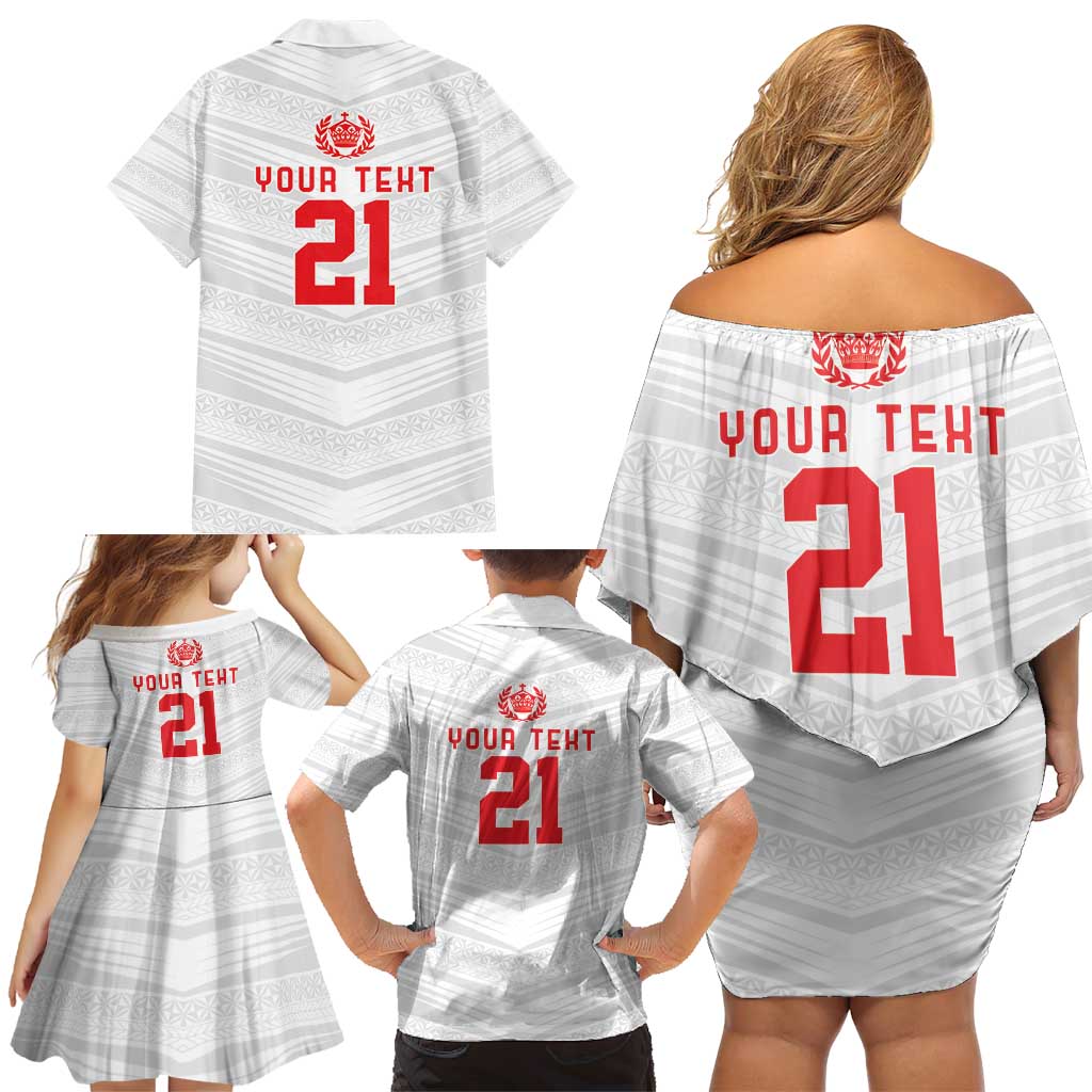 Custom Pacific Rugby Spirit Family Matching Off Shoulder Short Dress and Hawaiian Shirt Tonga Ngatu Pride White Edition LT9 - Polynesian Pride